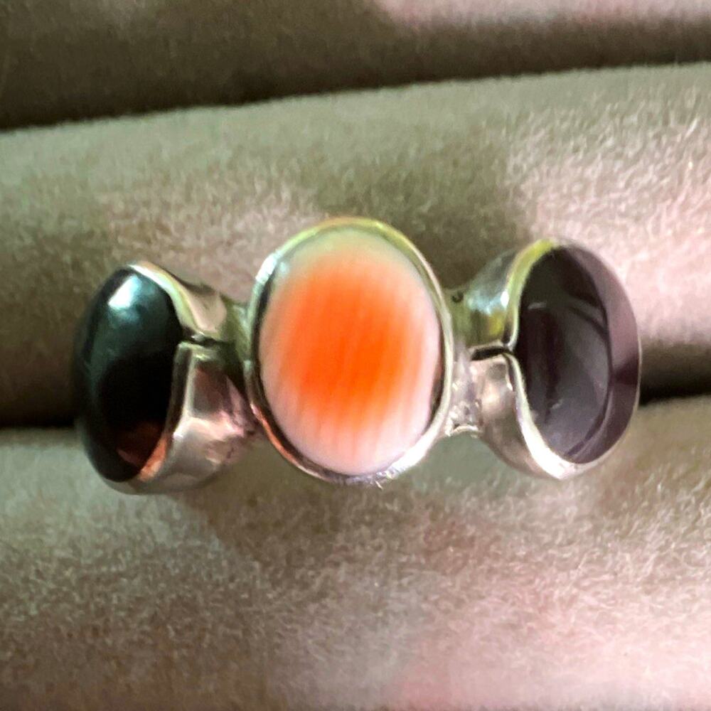 Silver Tone Metal Band Ring 3-Stone Bezel Set Oval Orange Center Stone